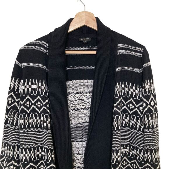 Talbots Cardigan Womens Petite Small Black Ivory Fairisle Intarsia Wool Blend - Picture 3 of 12